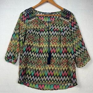 UMGEE Chevron Print Semi Sheer Blouse Tassel Women’s Size Small Multicolor Boho